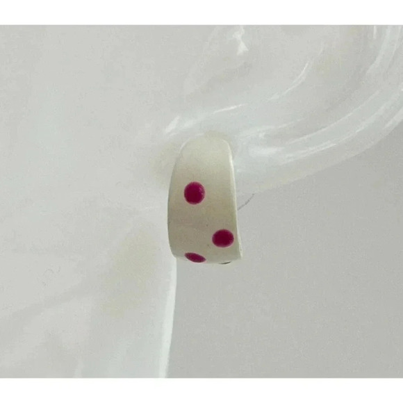Vintage White Enamel & Pink Polka Dot Mini Dainty Open Hoops - Picture 3 of 5